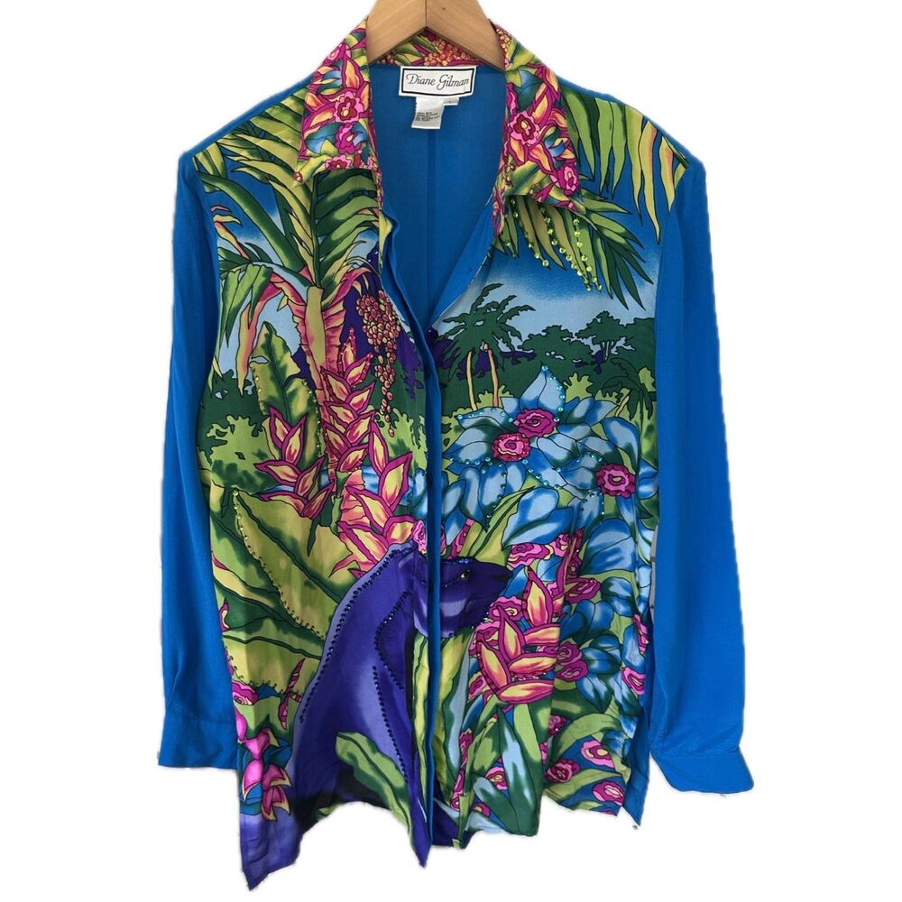 VTG Diane Gilman 100% Silk Sequin Tropical Jungle Hawaiian Panther Blouse Shirt